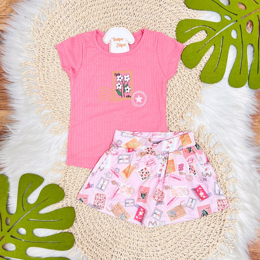 Conj. Blusa Canelada Flores Paris e Short Saia Cartão Postal - Rosa